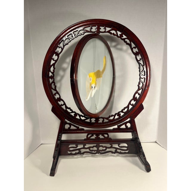 1990s Vintage Chinese Oriental Silk Embroidery Cat and Mantis Double-Sided Wood Framed For Sale - Image 5 of 9