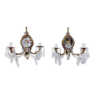 Vintage Bronze Mirrored Crystal Sconces With Swedish Crystal - a Pair