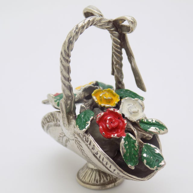 Vintage Italian Handmade Genuine Silver Flower Basket Dollhouse Miniature, Painted, 1980s For Sale - Image 6 of 11