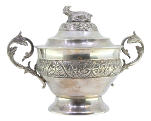 Silver Embossed Bonbonniere with Feathers, Friezes, Cut-Out Handles with Acanthus Leaves and Goat-Shaped Knob Lid