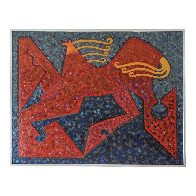 1991 Abstract Red & Blue Horse Painting For Sale