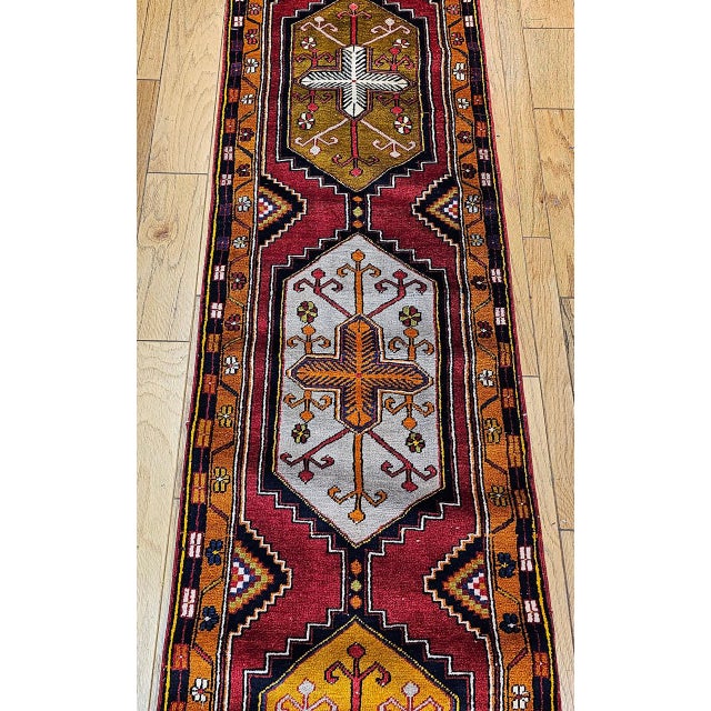 Vintage Turkish Oushak Runner, Handwoven Wool Pile, Geometric Pattern, 3' x 15' For Sale - Image 10 of 16