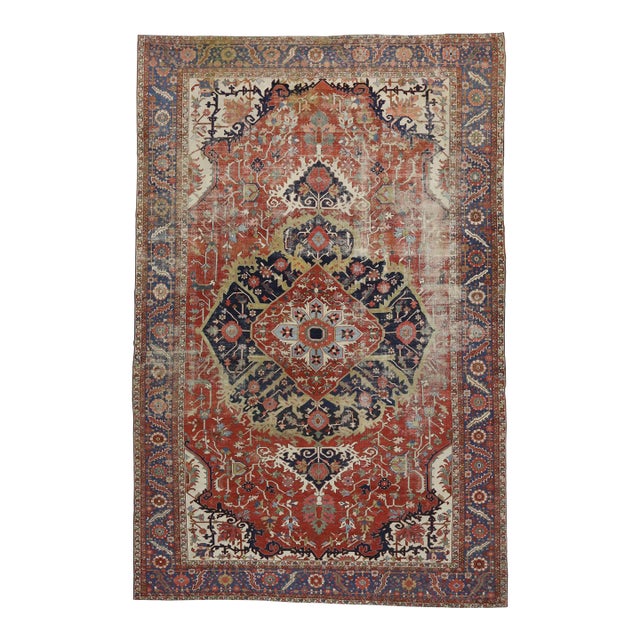 Early 20th Century Oversized Antique-Worn Persian Serapi Rug - 13'00 X 19'10 For Sale