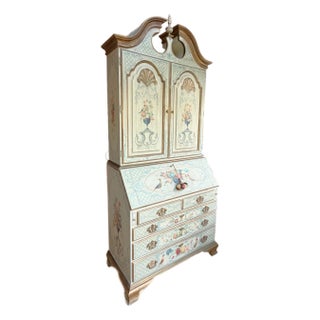 Painted Chinoiserie Style Antique Sage Green Floral Secretary Desk For Sale