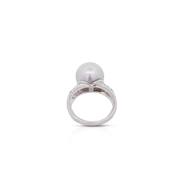 Art Deco 12mm Cultured South Sea Pearl & Round Diamond Ring in Platinum Size 6.25 For Sale - Image 3 of 6