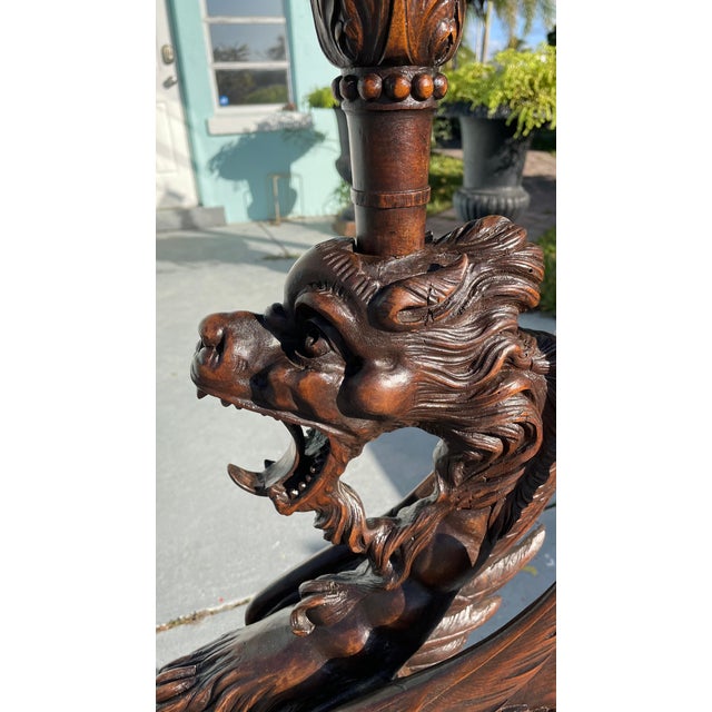 19th Century Rare Monumental Pair of Hand-Carved Griffin Pedestal Stands in Dark Wood For Sale - Image 10 of 12