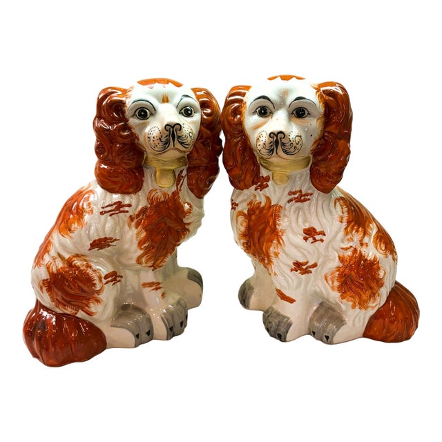 Vintage Staffordshire Spaniel Dog Figurines Pair Hand Painted Ceramic - A Pair For Sale