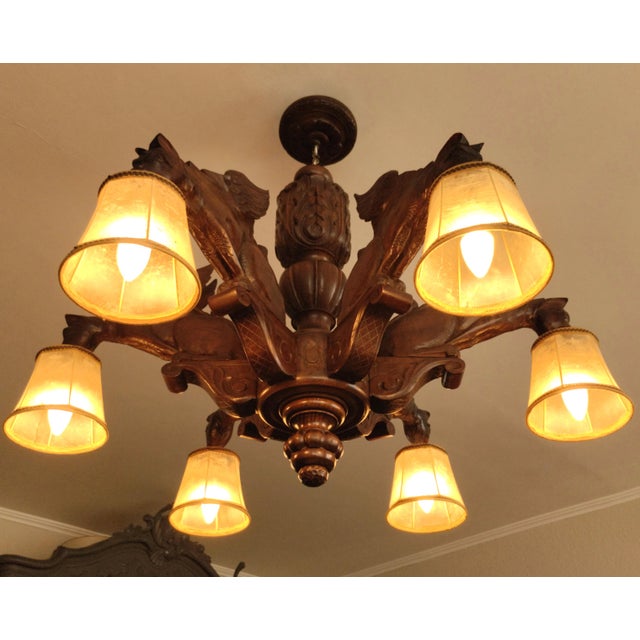 Wood Antique Black Forest Gothic Revival Carved Wood Chandelier with Gargoyles and Mascarons, 1940s For Sale - Image 7 of 17