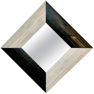 Contemporary Italian Square / Diamond Mirror in Black and Gray White Leather - in Showroom For Sale