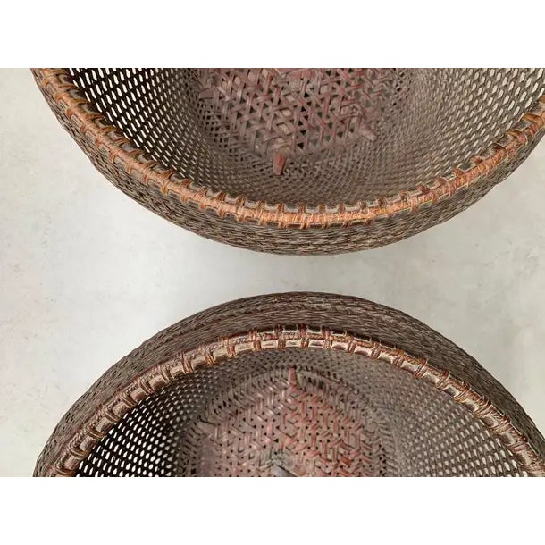 Chinese Basket Pair Hand-Woven Rattan With Red Wood Base, Early 20th Century For Sale - Image 4 of 16