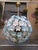 Mid-Century Modern Large Brass Pendant Lamp with White and Blue Murano Glass Flowers For Sale - Image 3 of 9