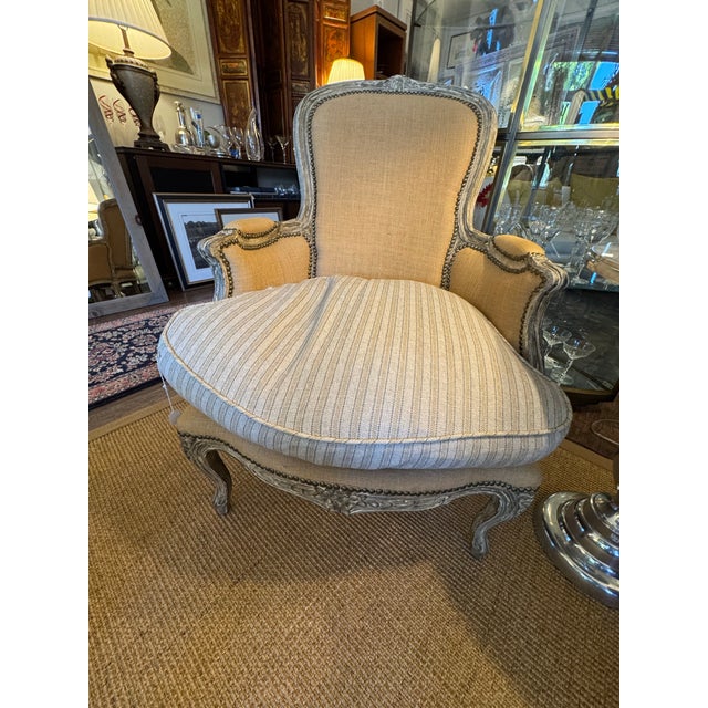 Arhaus French Bergère Style Upholstered Armchairs – Pair | Carved Wood Frame | Neutral Linen For Sale In Houston - Image 6 of 8