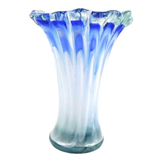 1970s Blue and White Unmarked Art Glass Vase For Sale