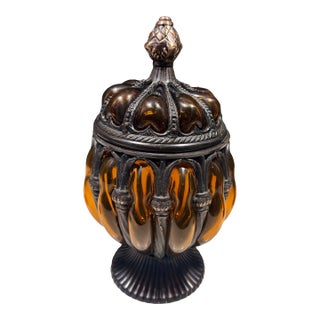 Vintage Baroque Brass Caged Amber Blown Bubble Glass & Dome Lidded Apothecary Jar For Sale