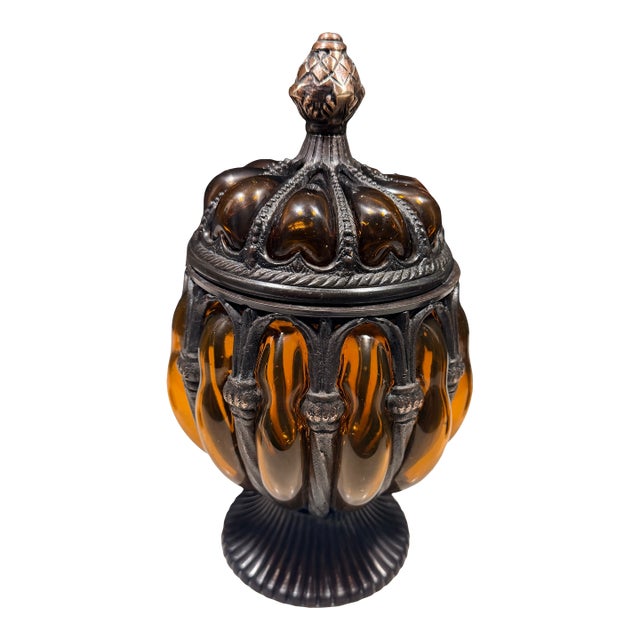 Vintage Baroque Brass Caged Amber Blown Bubble Glass & Dome Lidded Apothecary Jar For Sale