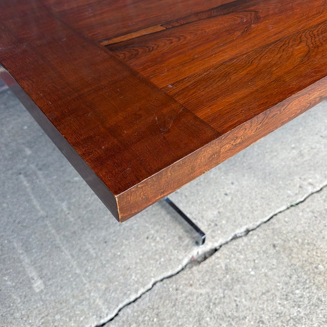 Scandinavian Modern Rosewood and Walnut Extension Dining Table With Chrome Base For Sale - Image 11 of 12