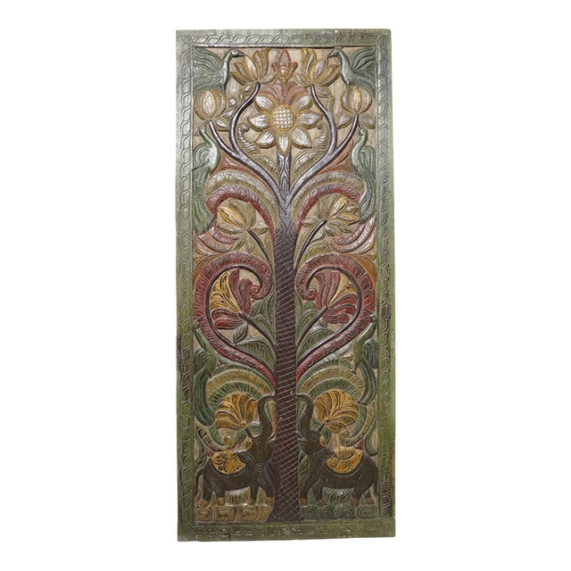 Hand-Carved Tree of Life Barn Door Panel in Earthy Patina | Vintage Architectural Wall Art 84x36 For Sale