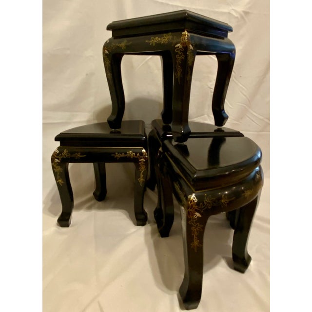 Black Vintage Chinoiserie-Style Black Lacquered Stools- Set of 4 For Sale - Image 8 of 12
