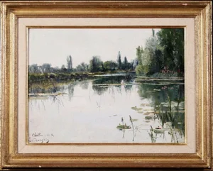Water Lilies on Lake Antique Oil Painting, Eugene Dauphin (1857 - 1930)