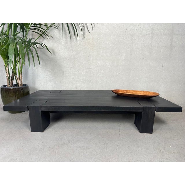 Robust "brutalist" coffee table. Solid oak. Top thickness: 4cm. Craftsmanship. 140cm x 70cm x 23cm. Black finish with...