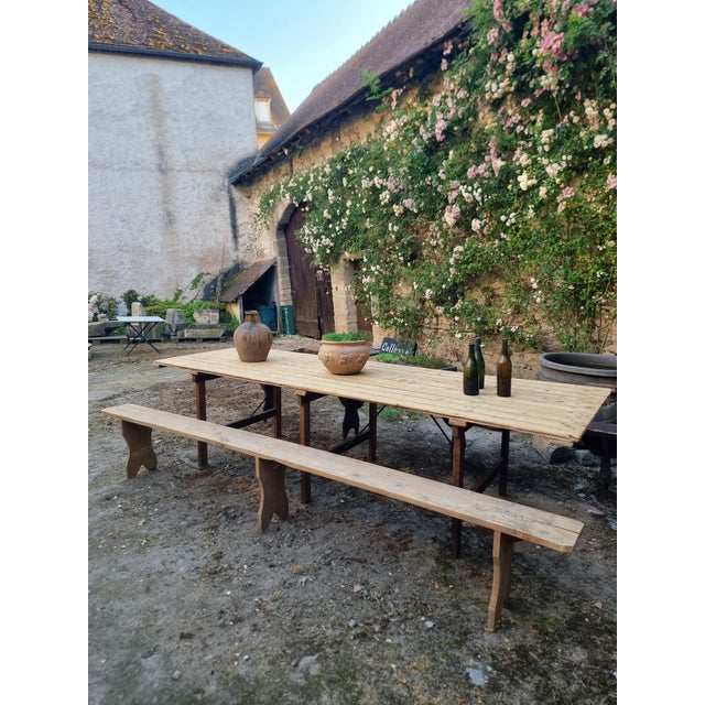 Wood Antique French Folding Garden Table Set with Benches, Pine and Chestnut, 1890s, Set of 3 For Sale - Image 7 of 18