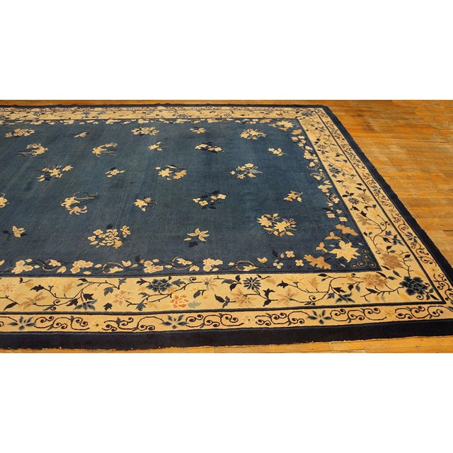1900s Blue Traditional Floral Deco Antique Peking Chinese Knotted Wool Rug For Sale - Image 4 of 10