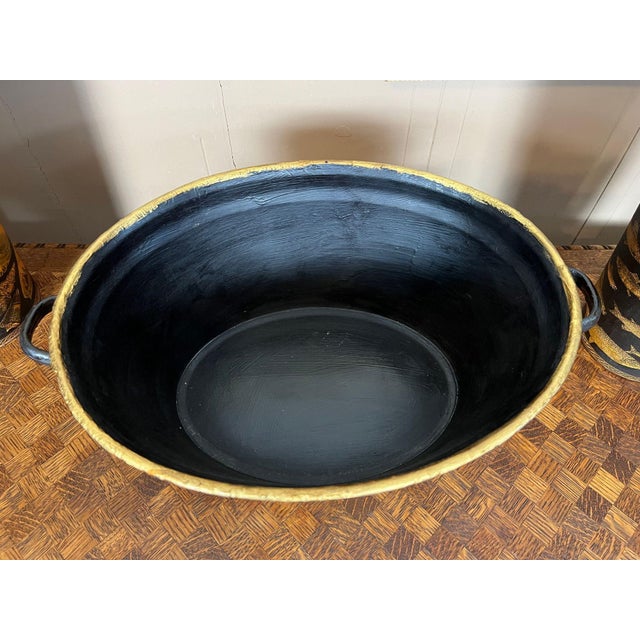 Antique English Planter Jardiniere Horse Equine Black Decoupage Tole Metal C1900 For Sale - Image 15 of 18