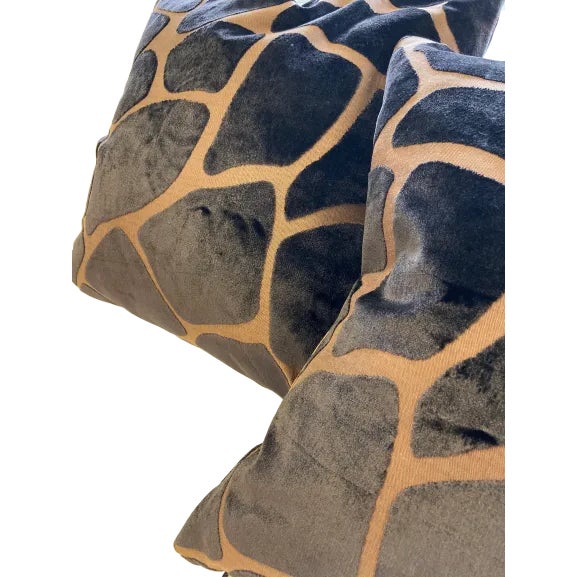 Throw pillow with a rich chocolate brown on brown giraffe pattern with zip closure from Barclay Butera for Kravet....