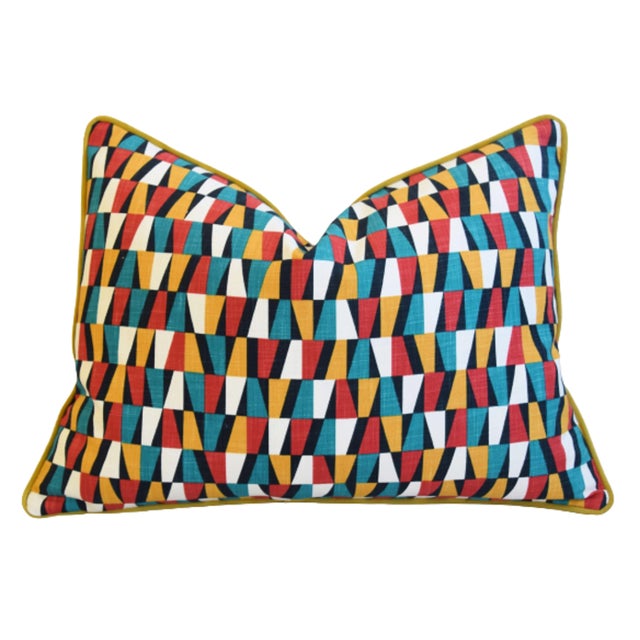 Mid-Century Modern Designers Geometric Teal/Red/White/Gold Feather/Down Pillow 24" X 18" For Sale - Image 3 of 6