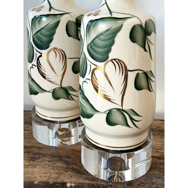 Metal Vintage Glazed Ceramic Ivy Lamps - A Pair For Sale - Image 7 of 12