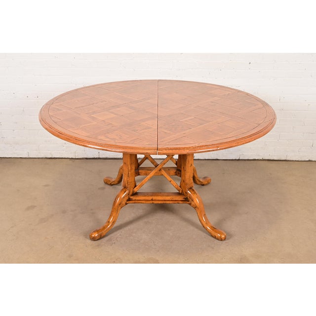 Guy Chaddock English Country Rustic Oak Pedestal Extension Dining Table With Patchwork Parquet Top, Newly Refinished For Sale - Image 15 of 15