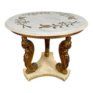 1970s Italian Hollywood Regency Marble Top Side Table /W Brass Accents