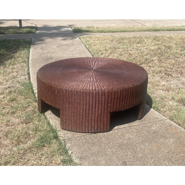 Hollywood Regency Round Wicker Coffee Table For Sale - Image 3 of 12
