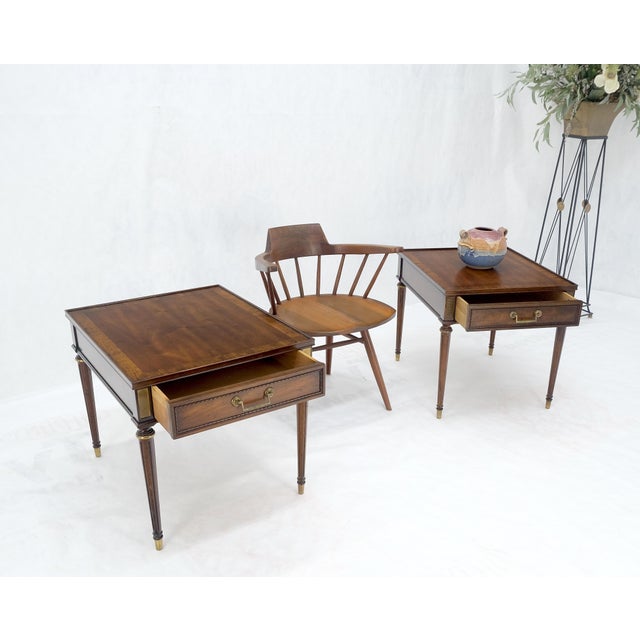 Mid 20th Century Pair Banded Top Fluted Tapered Legs One Drawer Low Profile End Tables Stands For Sale - Image 5 of 14
