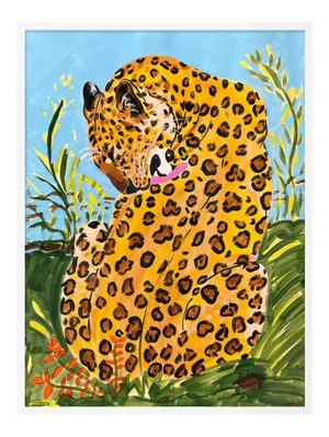 Licking Leopard by Jelly Chen in White Framed Paper, Small Art Print