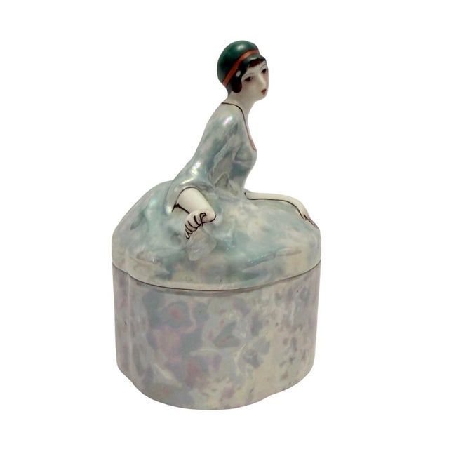 1930s 1930’s Noritake Lusterware Art Deco Lady Powder Box Vanity Dresser Jar (A-17). For Sale - Image 5 of 10