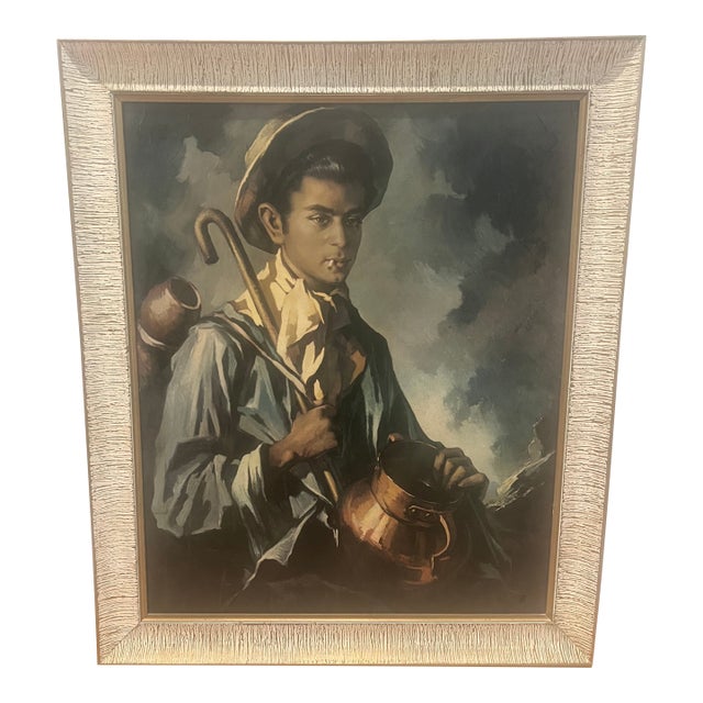 Vintage Lithograph European Man in Hat With Cane and Copper Pot For Sale