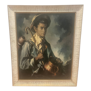 Vintage Lithograph European Man in Hat With Cane and Copper Pot
