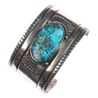 7 1/8" c1940's Navajo Chiseled silver cuff bracelet with turquoise For Sale