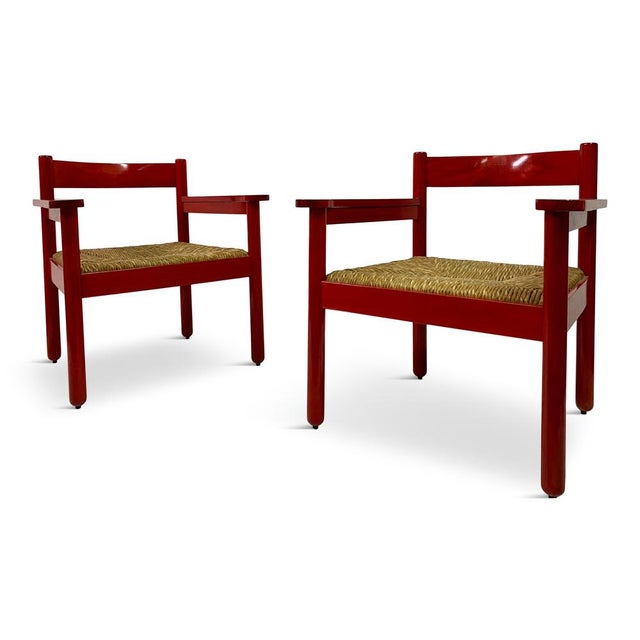 Set of Italian Red Armchairs with Rush Seats, 1960s For Sale - Image 17 of 17