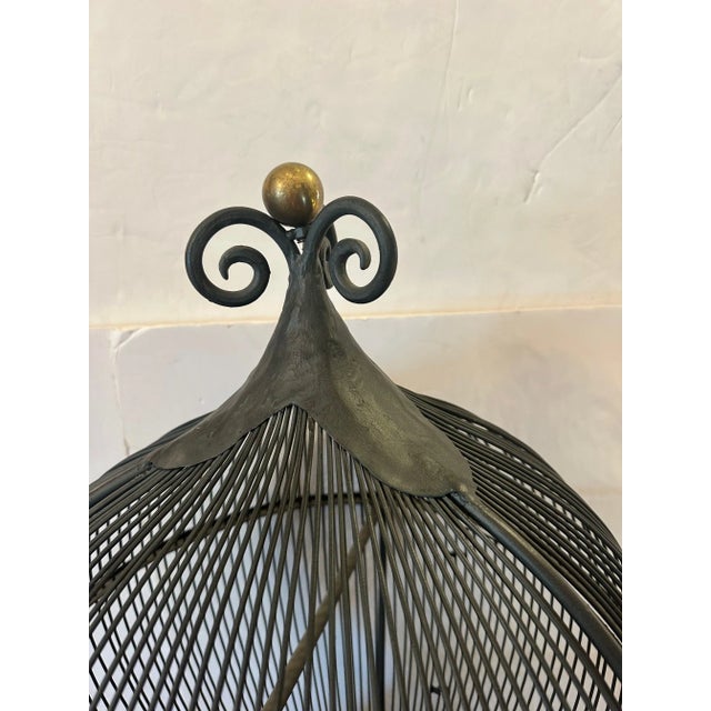 Traditional Tall Free Standing Whimsical Black Iron Functional Birdcage For Sale - Image 3 of 11