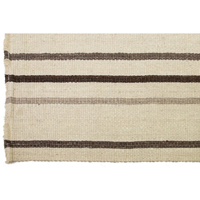 Textile Organic Modern Flatweave Beige Wool Rug With Striped Design For Sale - Image 7 of 11