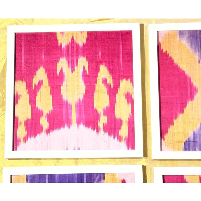 Vibrant Silk Ikat Framed Collection – Bohemian Luxury Textile Art (Set of 4) For Sale In Miami - Image 6 of 15