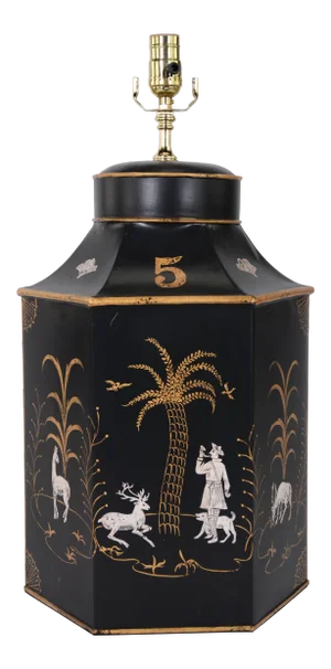 Late 20th Century Tea Caddy Lamp With Black Background and Gold-White Decorations