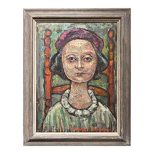 1954 E. Romano "Beatrice in Violet Beret" Oil Painting on Artist Board For Sale