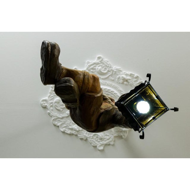 Beige Large German Black Forest Carved Wood Mountaineer with Lantern, 1950s For Sale - Image 8 of 18