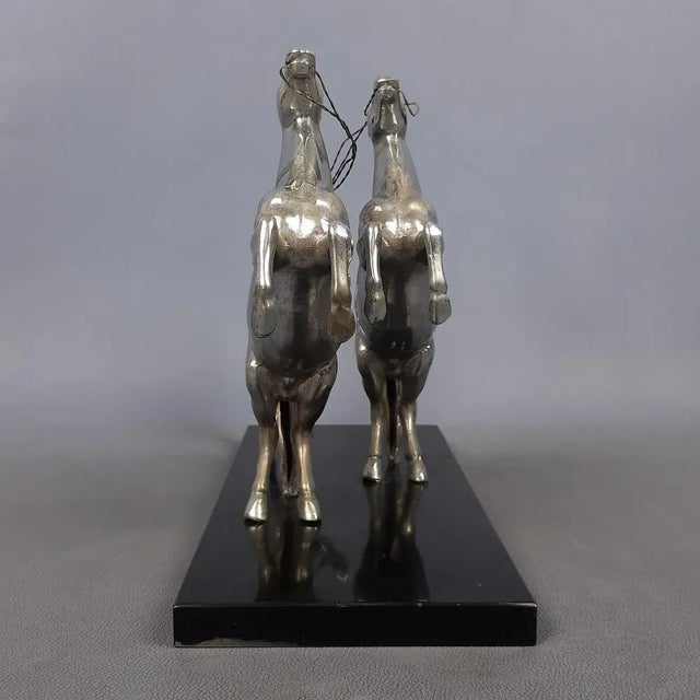 Metal Antique Chromed Metal Sculpture of Roman Horse Trainer on Marble Base, 1930 For Sale - Image 7 of 16