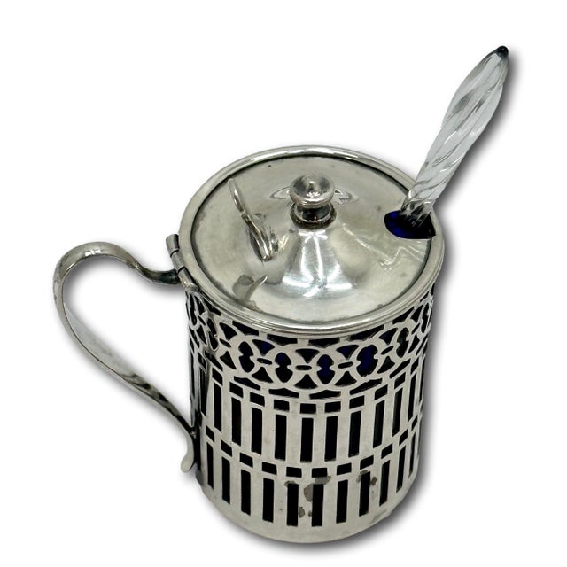 Unusual Small Size Early 1900s Antique American Sterling Silver & Cobalt Blue Glass Mustard Pot & Spoon For Sale In Boston - Image 6 of 12
