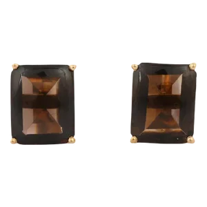 Dark Brown Smoky Quartz Octagon Cut Statement Studs in 14k Solid Yellow Gold - 2 Pieces