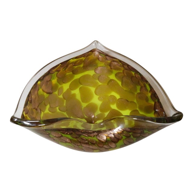 Large Vintage Hand Blown Murano Art Glass Cigarette Cigar Gold Yellow Ashtray For Sale